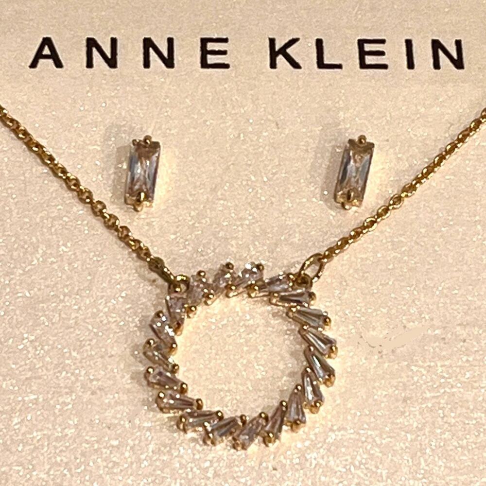 NEW Anne Klein 20" Circle NECKLACE & EARRINGS Set Gold Plate CZ Baguettes Boxed